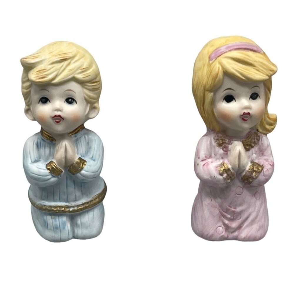 vintage girl boy praying on knees pajamas set #5211 porcelain blue pink READ